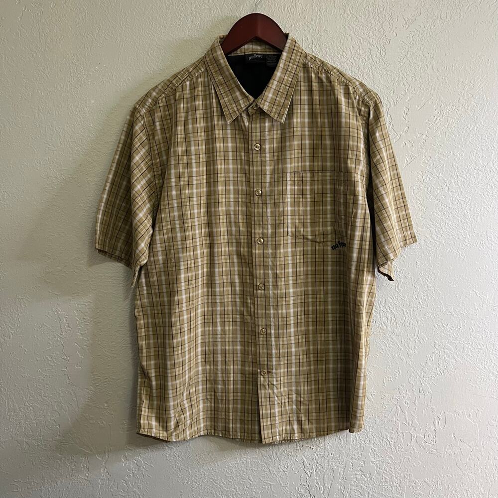 Vintage No‎ Fear Shirt Mens Large beige Plaid Button Up Skater Surfer Y2K
